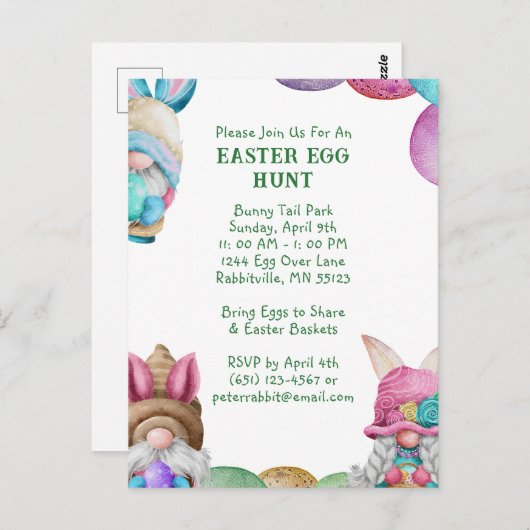 Farbenfrohe Bunny Gnomes Ostereier Jagd Postkarte (Vorne/Hinten)