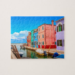 Farbenfrohe Burano Häuser mit Boote Venedig Italie Puzzle