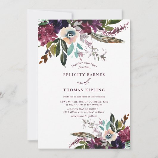 Farbenfrohe Burgunder Wasserfarben Weißes Hochzeit Einladung (Vorderseite)