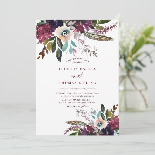 Farbenfrohe Burgunder Wasserfarben Weißes Hochzeit Einladung (Stehend Vorderseite)