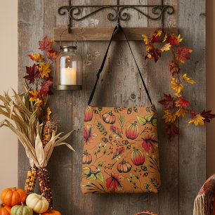 Farbenfrohe Burnt Orange Fall Harvest Hand Gezeich Tragetaschen Mit Langen Trägern