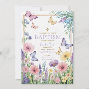Farbenfrohe Butterfly Girl Taufe Gold Cross Blume Einladung