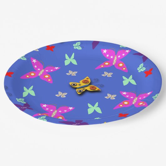 Farbenfrohe Butterfly Pappteller (Schrägansicht)