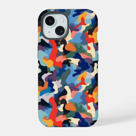 Farbenfrohe Camouflage iPhone 15 Hülle (Rückseite)