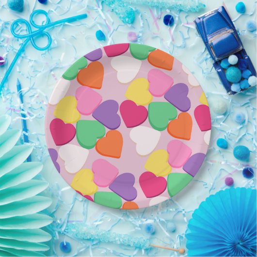 Farbenfrohe Candy Hearts Pappteller (Party)