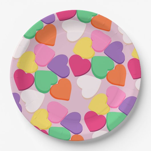 Farbenfrohe Candy Hearts Pappteller (Vorderseite)