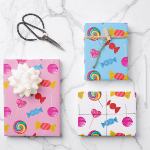 Farbenfrohe Candy & Lollipop Muster Geschenkpapier Set
