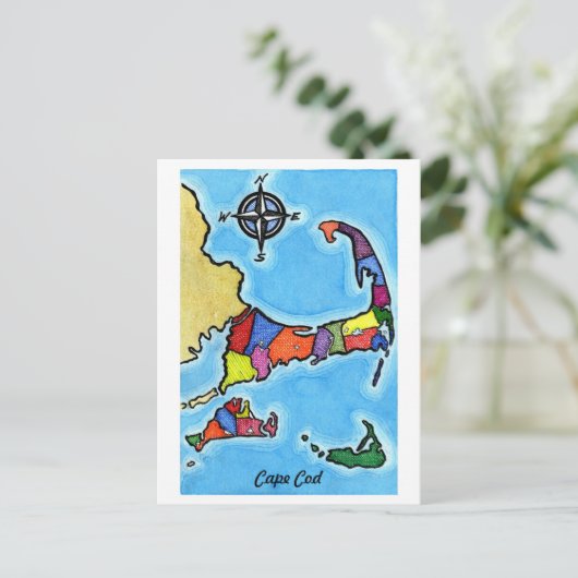 Farbenfrohe Cape Cod Map Postkarte (Stehend Vorderseite)