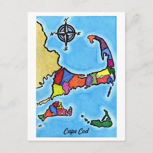 Farbenfrohe Cape Cod Map Postkarte (Vorderseite)
