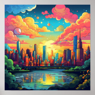 Farbenfrohe Cartoon City bei Sonnenuntergang Poster
