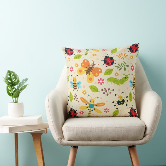 Farbenfrohe Cartoon-Insekten mit Blume und Blätter Kissen (Stuhl )