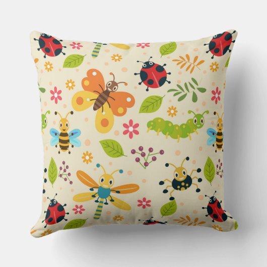 Farbenfrohe Cartoon-Insekten mit Blume und Blätter Kissen (Rückseite)