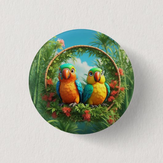 Farbenfrohe Cartoon Papageien Button (Vorderseite)