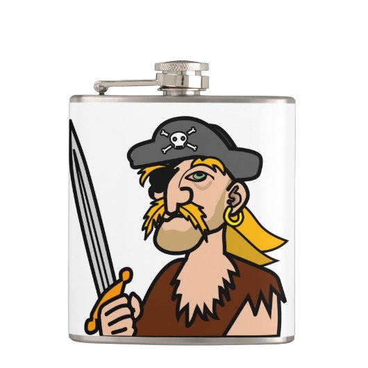 Farbenfrohe Cartoon Pirate mit Schwert Flachmann (Vorderseite)