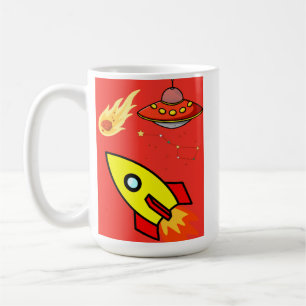 Farbenfrohe Cartoon Space Adventure Rocket, UFO Kaffeetasse