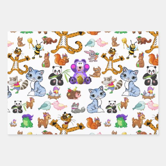 Farbenfrohe Cartoon Tiere Geschenkpapier Set (Vorderseite)
