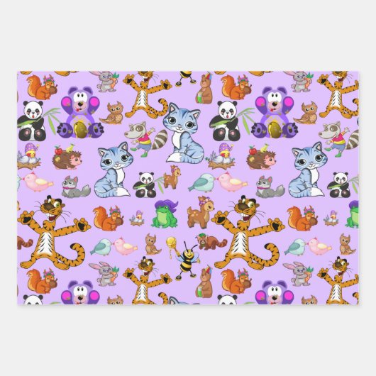 Farbenfrohe Cartoon Tiere Geschenkpapier Set (Vorderseite 3)