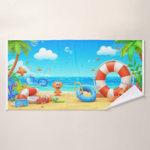 Farbenfrohe Cartoon Tropical Beach Szene Badehandtuch