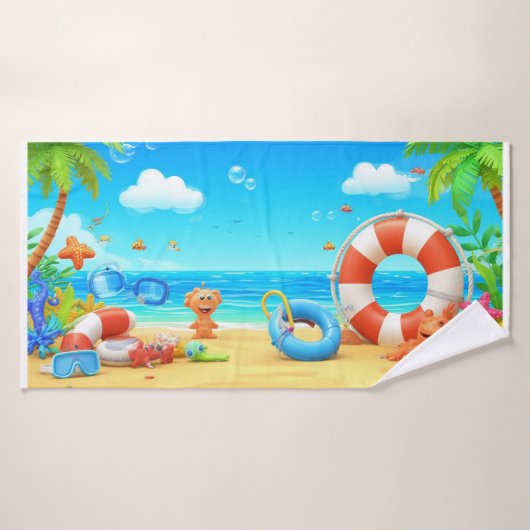 Farbenfrohe Cartoon Tropical Beach Szene Badehandtuch (Badehandtuch)