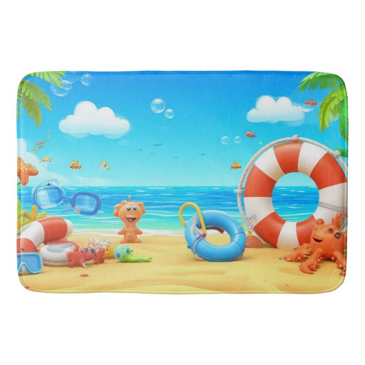 Farbenfrohe Cartoon Tropical Beach Szene Badematte (Vorderseite)