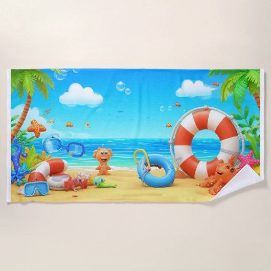 Farbenfrohe Cartoon Tropical Beach Szene Strandtuch (Vorderseite)