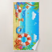Farbenfrohe Cartoon Tropical Beach Szene Strandtuch (Vorderseite)