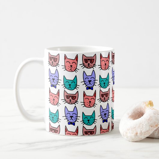 Farbenfrohe Cat Doodle Faces Keramik Tasse 11oz /1 (Mit Donut)