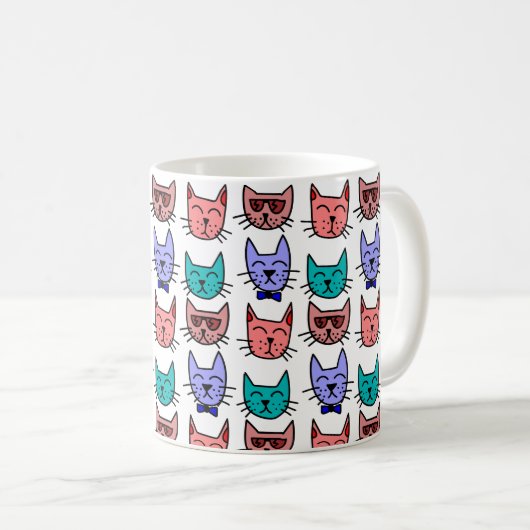 Farbenfrohe Cat Doodle Faces Keramik Tasse 11oz /1 (VorderseiteRechts)