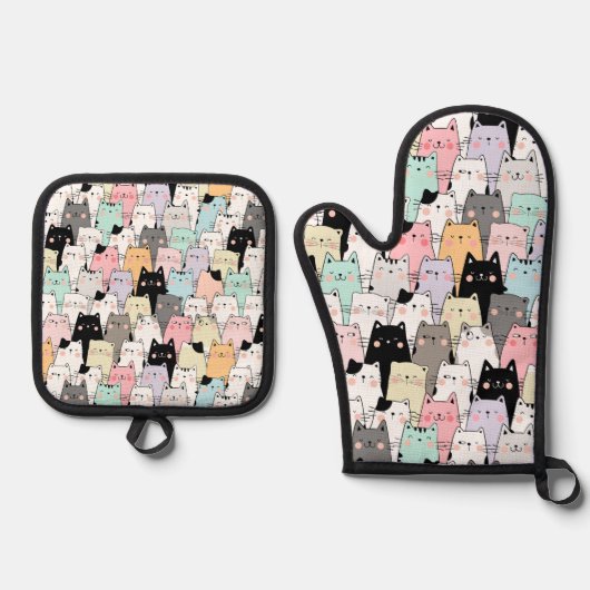 Farbenfrohe Cat Pattern Moderne Kitchenette Ofenhandschuh & Topflappen-Set (Vorderseite)