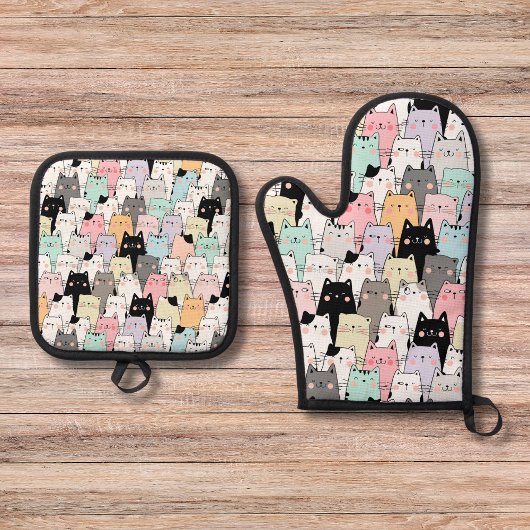 Farbenfrohe Cat Pattern Moderne Kitchenette Ofenhandschuh & Topflappen-Set