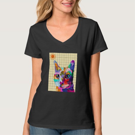 Farbenfrohe Cat Pop Art T-Shirt (Vorderseite)