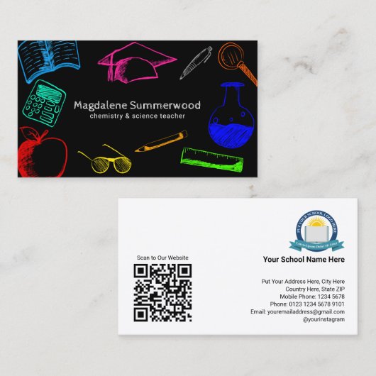 Farbenfrohe Chalk Style School Lehrer auf schwarz Visitenkarte (Vorne/Hinten)