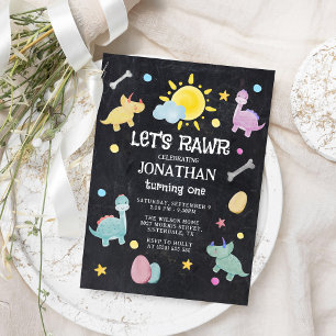 Farbenfrohe Chalkboard Dinosaur 1. Geburtstag Einladung