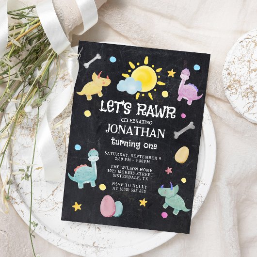 Farbenfrohe Chalkboard Dinosaur 1. Geburtstag Einladung