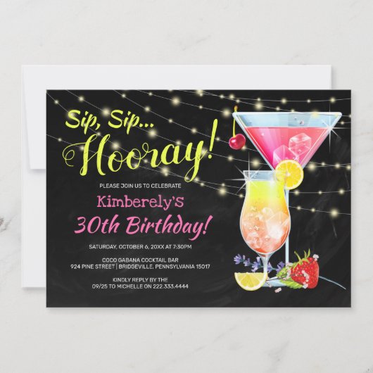 Farbenfrohe Chalkboard Sip Sip Hooray BIrthday Par Einladung (Vorderseite)