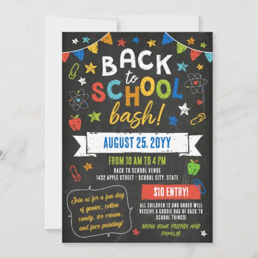 Farbenfrohe Chalkboard-Stars Zurück zur Schule Einladung (Vorderseite)