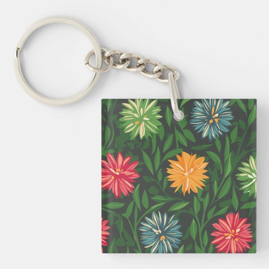 Farbenfrohe Chrysanthemen und Grünfolienmuster Schlüsselanhänger (Vorderseite)
