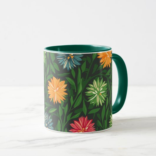 Farbenfrohe Chrysanthemen und Grünfolienmuster Tasse (VorderseiteRechts)