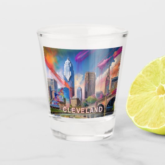 Farbenfrohe Cleveland Skyline Abstrakte Kunst Schnapsglas (Vorderseite)