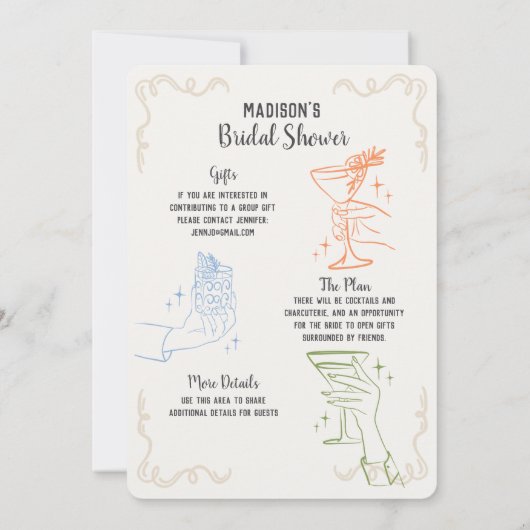 Farbenfrohe Cocktail Party Brautparty Party Einlad (Rückseite)