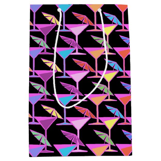 Farbenfrohe Cocktails im Schwarzen Muster Mittlere Geschenktüte (Vorderseite)