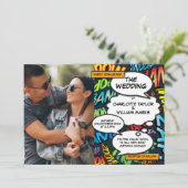 Farbenfrohe Comic Buch Moderne Fun Foto Hochzeit Einladung (Stehend Vorderseite)