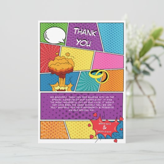 Farbenfrohe Comic Buch Pop Hochzeit Dankeskarte (Stehend Vorderseite)