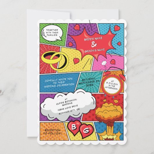Farbenfrohe Comic Buch Pop Hochzeit Einladung (Vorderseite)