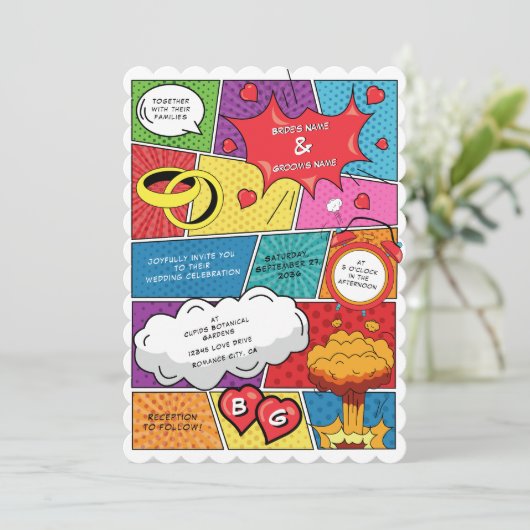 Farbenfrohe Comic Buch Pop Hochzeit Einladung (Stehend Vorderseite)