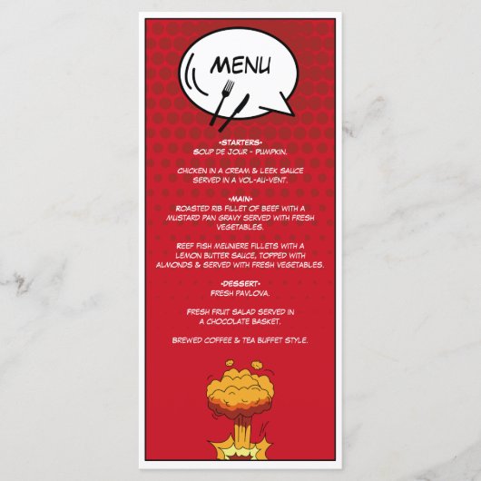 Farbenfrohe Comic Buch Pop Hochzeit Menükarte (Vorderseite)