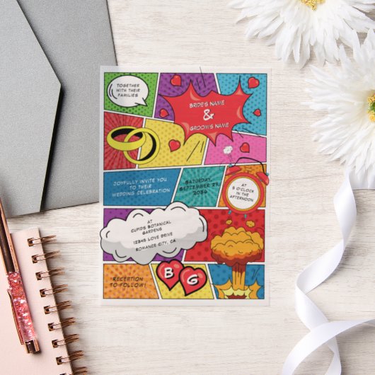 Farbenfrohe Comic Buch Pop Hochzeit Pergament Einladungen (Hochzeit)