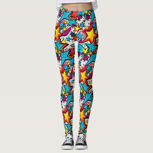 Farbenfrohe Comic Buchstil Sterne Gemusterter Yoga Leggings (Vorderseite)