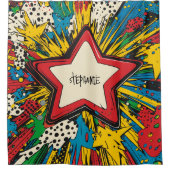Farbenfrohe Comic Pop Kunst Sternexplosion Explosi Duschvorhang (Vorderseite)