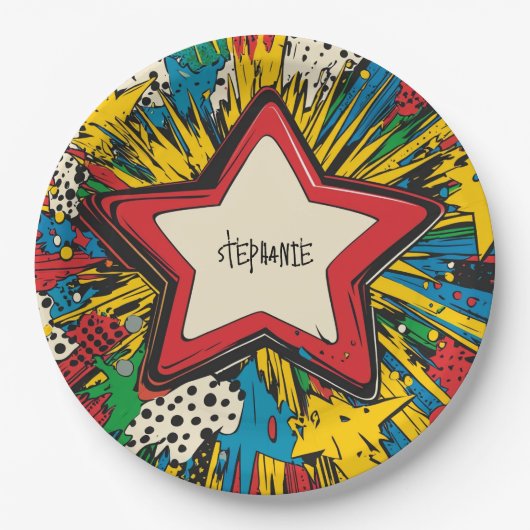 Farbenfrohe Comic Pop Kunst Sternexplosion Explosi Pappteller (Vorderseite)